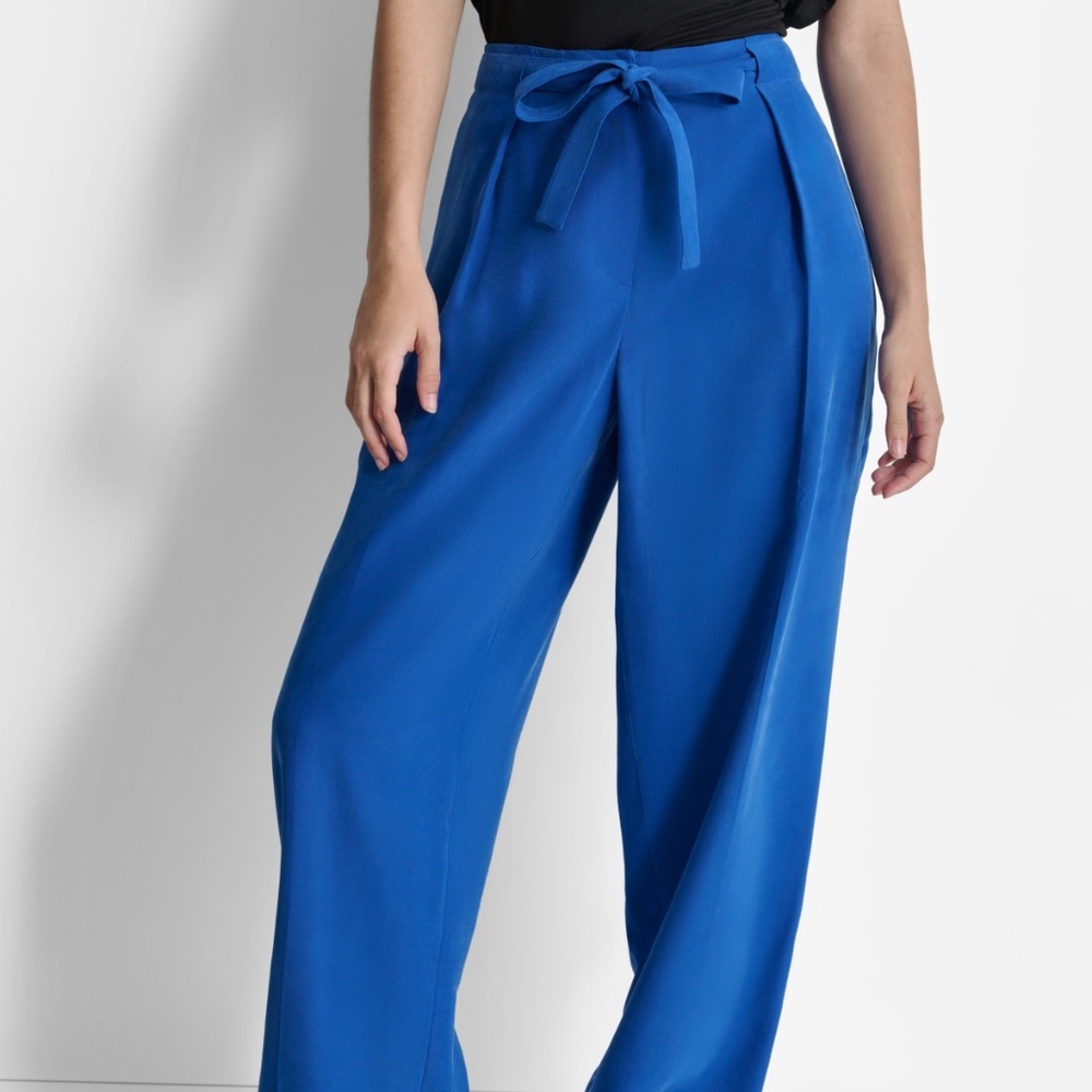 DKNY Women’s Twill Tie-Front Pleated Wide-Leg Pants: Lapis Blu Size 12